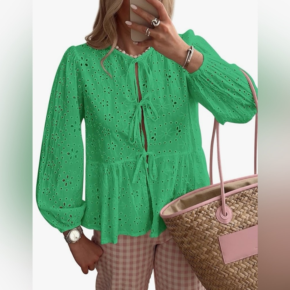 Green Babydoll Eyelet Top | Long Sleeve & Tie, Button Front | Cotton | L | New